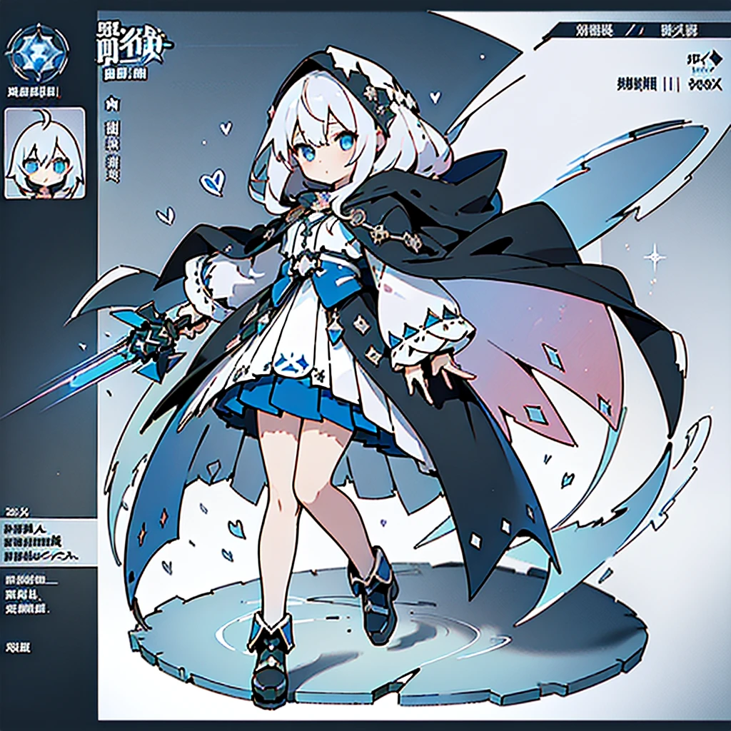 1girl,(((Highest quality、Masterpiece、Official Art、The best dynamic composition、Super detailed、Perfect Anatomy)))、Anime Style、White hair and light blue gradient long hair、Black hooded cloak、Mini Pleated Skirt、Baby Face、Holding a giant cute magic wand at an angle with both handagenta Heart Fractal Art、