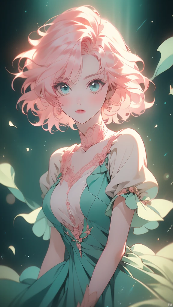 a stylized art of a woman in a pretty dress with hair, 1girl, solo, jewelry, earrings, eyes, looking at viewer, mole, black background, hair,((layered hair)), (((raised hair ends))), (((hair ends up))), ((( hair))), (((straight hair))) (long pointed bangs), (loose hair), (((short hair))),((short wavy hair)),(risheirmgardweitzner,pink_hair,aqua_eyes,:1.2),