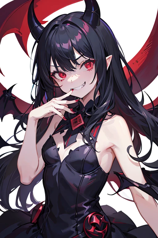 (One girl), cute, (Small devil:1.3), Large , Sexy Dr, Black Hair, Long Hair, Bangs, Devil horns, wing, tail, Red Eye, (evil grin:1.5), Red nail polish, (Put your finger to your mouth:1.2), (Darkness:1.3), Fantasy World, Outdoor, (White background), Upper Body Shot, ((Highest quality)), ((masterpiece)), (Detailed), Perfect Face, Perfect Arms, (Perfect hands), (Perfect Fingers), anime, Ultra-fine illustration,