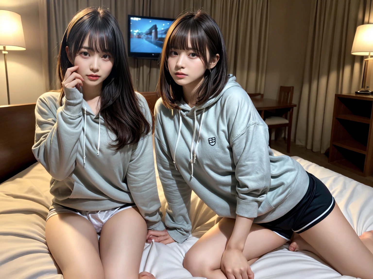 masterpiece, best quality, illustration, Super detailed, fine details, High resolution, 8K,wall paper, perfect dynamic composition,(Details High quality, realistic depiction of eyes:1.3), (2 girls), Oversized Light Grey Hoodie, Erotic Shorts, sitting, open legs, short bob hair, in a hotel room in the background, deep on field, large breasts, black hair color, Big Natural Color Lip, (perfect body shape), crying a little、Harajuku style、20 year old girl、cute type、beautiful legs, Gravure Idol