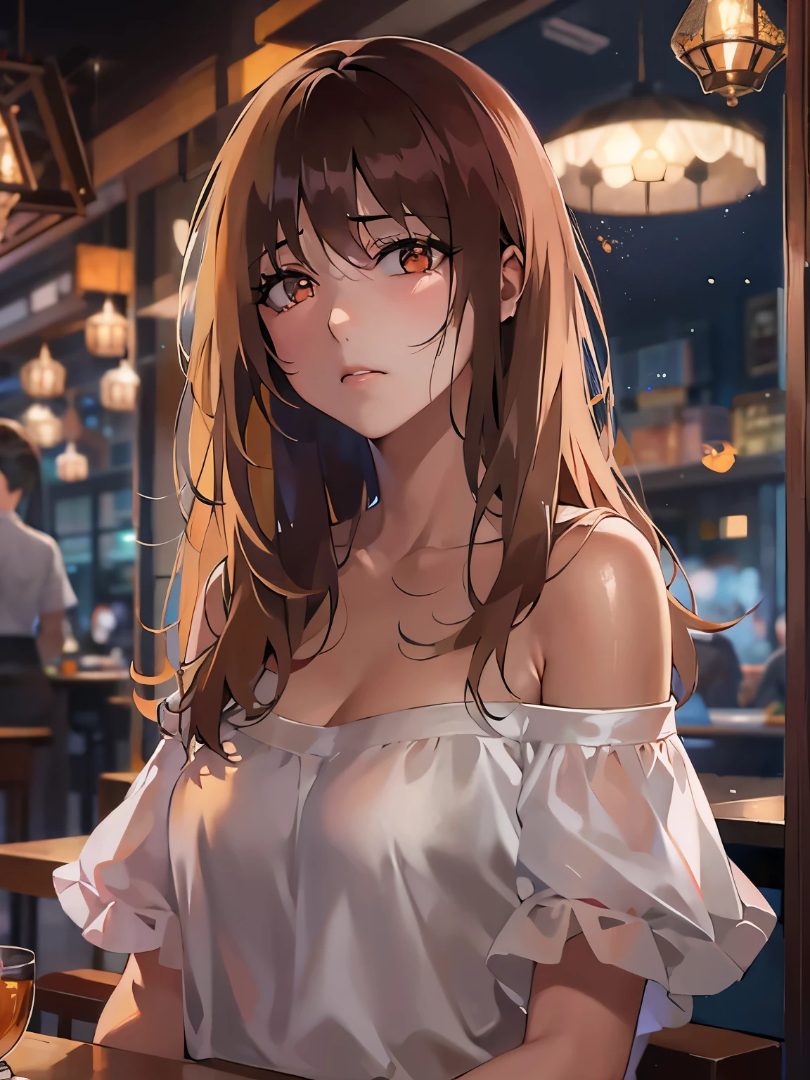 Upper Body, Realistic, real person, (pale skin: 1.2), RAW photo, photorealistic, shiny skin, shiny hair、(A 25-year-old woman with medium-length hair and bangs) and (wavy hair) and (brown hair) and (orange eyes) , (white) and (off shoulder blouse) 、(sad:1.5), The background is the interior of a restaurant at night.、Alone、Are standing