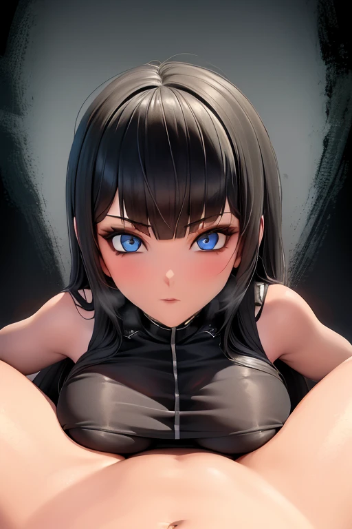 Young woman long black hair with bangs blue eyes white skin, eyeliner, slender body, Complete 1.2, big 34b breasts and perfect detailed, fanart Stunning wallpaper high resolution 12k , hyperrealistic, full-body display 1.2 legs spread legswide showing pussy wet