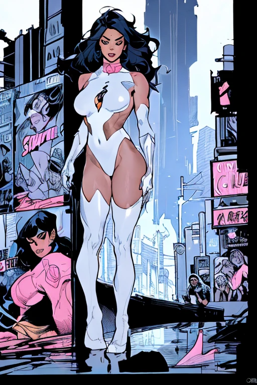 ((melhor qualidade)), ((obra de arte)), (detalhado: 1.4), (absurdo), Alison Tyler (((corpo inteiro))) in comic book panel, full body, bold lineart illustration comic, seductive blue eyes, parted lips, perfect body, curvy, long black hair, fitness, nsfw, in the style of Adam Hughes, sexy white swinsuit Ciberpunk with pink lace, color explosion, (olhos azuis super claros), ((roupas branca e laranja)), (((cabelo preto comprido)))), long black eyelashes heavy makeup, cinta-liga feita com arame farpado, por muito, niji--V5, perto do real, pose dinamica, fundo fractal, 2 piece outfit, pastel, Centrado, scale to fit dimensions, HDR (high-range dynamics),Rastreamento de raio,NVIDIA RTX,Super-resolution,Irreal 5, underground dispersal, Textura PBR, Post-processing, Anisotropic filtering, profundidade de campo, maximum clarity and sharpness, Texturas multicamadas, Albedo e mapas especulares, Surface shading, Super Detalhe, Blade Runner, In the top of buildings, big city night background