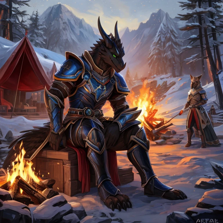 Masterpiece, best quality, high quality, Male Black Dragon anthro, standing alone, muscular, ((black body)), has Green eyes, wears a full armor, Mediovale, fancy, plein-air, out, Frost, Camp fire, in the Camp, stele, sitting down, foot claws, epic, Depth of field, perfect lighting, (light particles), (work of art), sharp focus, light particles