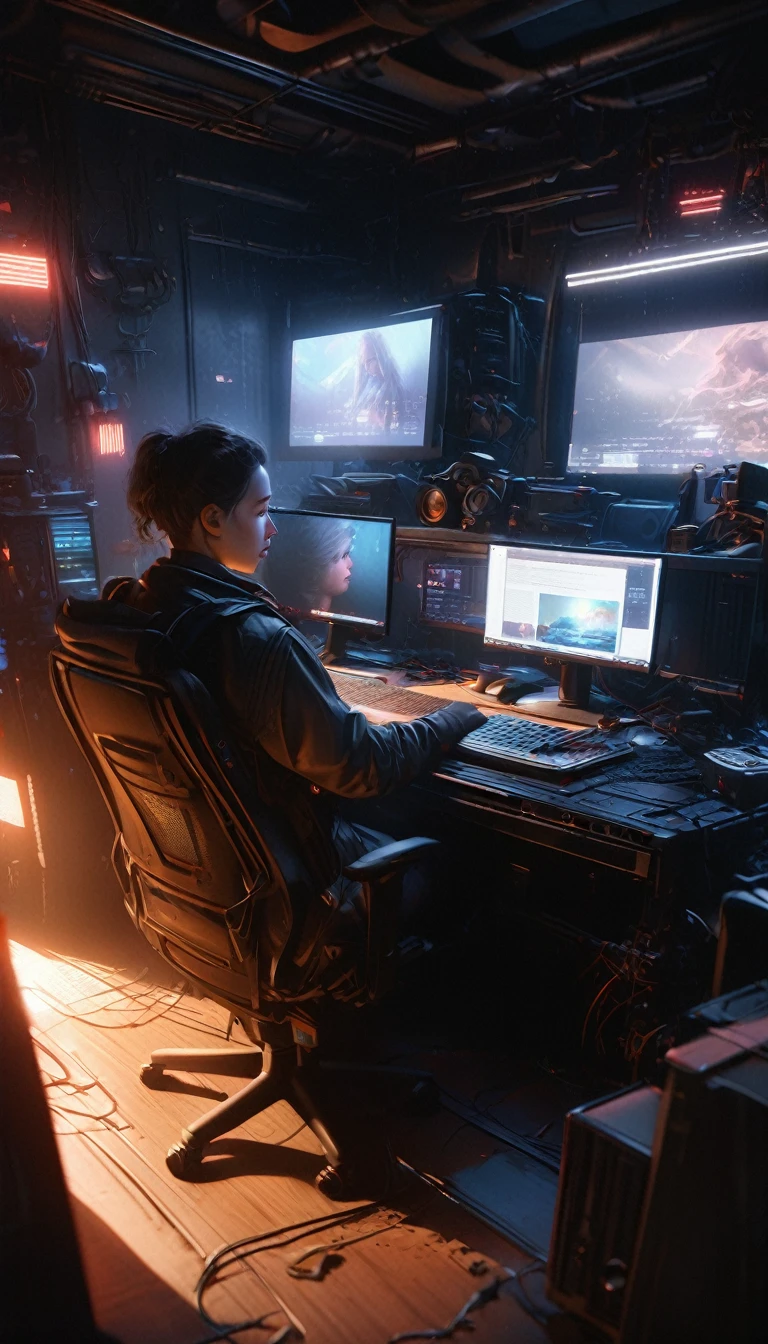 Highest quality, Realistic, photoRealistic, Award-winning photography, (Intricate details: 1.2), (Subtle details), (Intricate details), View from behind, (Cinematic Light, Dimly lit room, PC Monitor, Internet screen, netSurfing, Otaku)