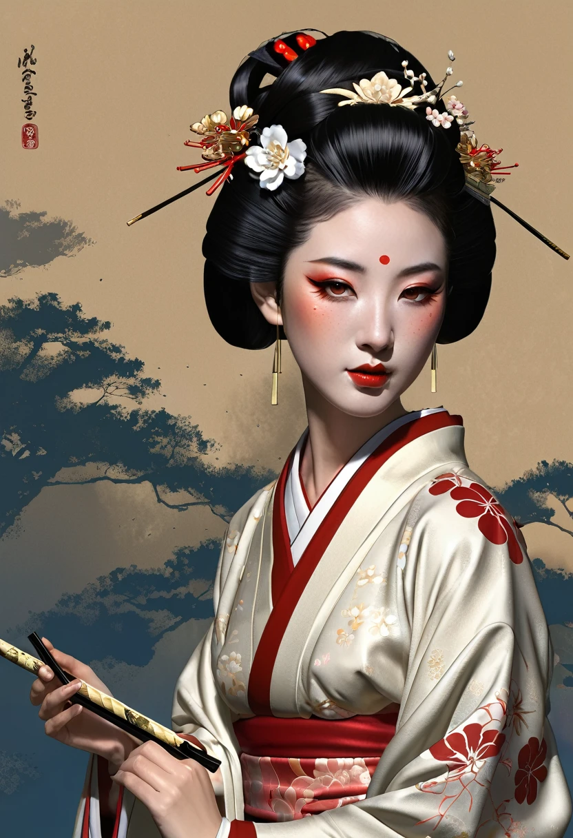Need to create concept art of a geisha for an MMORPG, centered on a Japanese setting. A geisha should inspire grace, sophistication and mystery, typical of Japanese culture. Picture her in a traditional kimono with details, reflecting her status and professionalism. It is important to convey her grace and expressiveness through her pose and facial expression.. digital painting