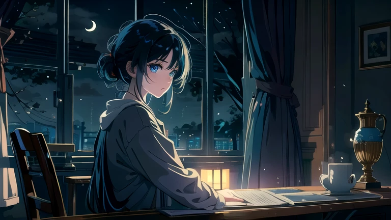 Create an illustration of a girl with black hair and blue eyes, sitting in a chair in front of a desk, Sentimental, Introspective look。, The moonlight gently shines into the room, Gently illuminate the space, Curtains sway in the wind, Increase tranquility, Dark mood, Emphasise the theme of loneliness, silence, And the depths of night, The room is dark、dimly lit by the moonlight