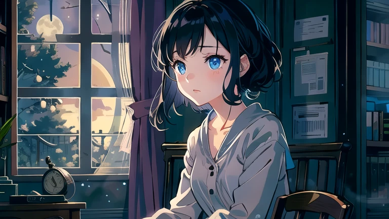 Create an illustration of a girl with black hair and blue eyes, sitting in a chair in front of a desk, Sentimental, Introspective look。, The moonlight gently shines into the room, Gently illuminate the space, Curtains sway in the wind, Increase tranquility, Dark mood, Emphasise the theme of loneliness, silence, And the depths of night, The room is dark、dimly lit by the moonlight