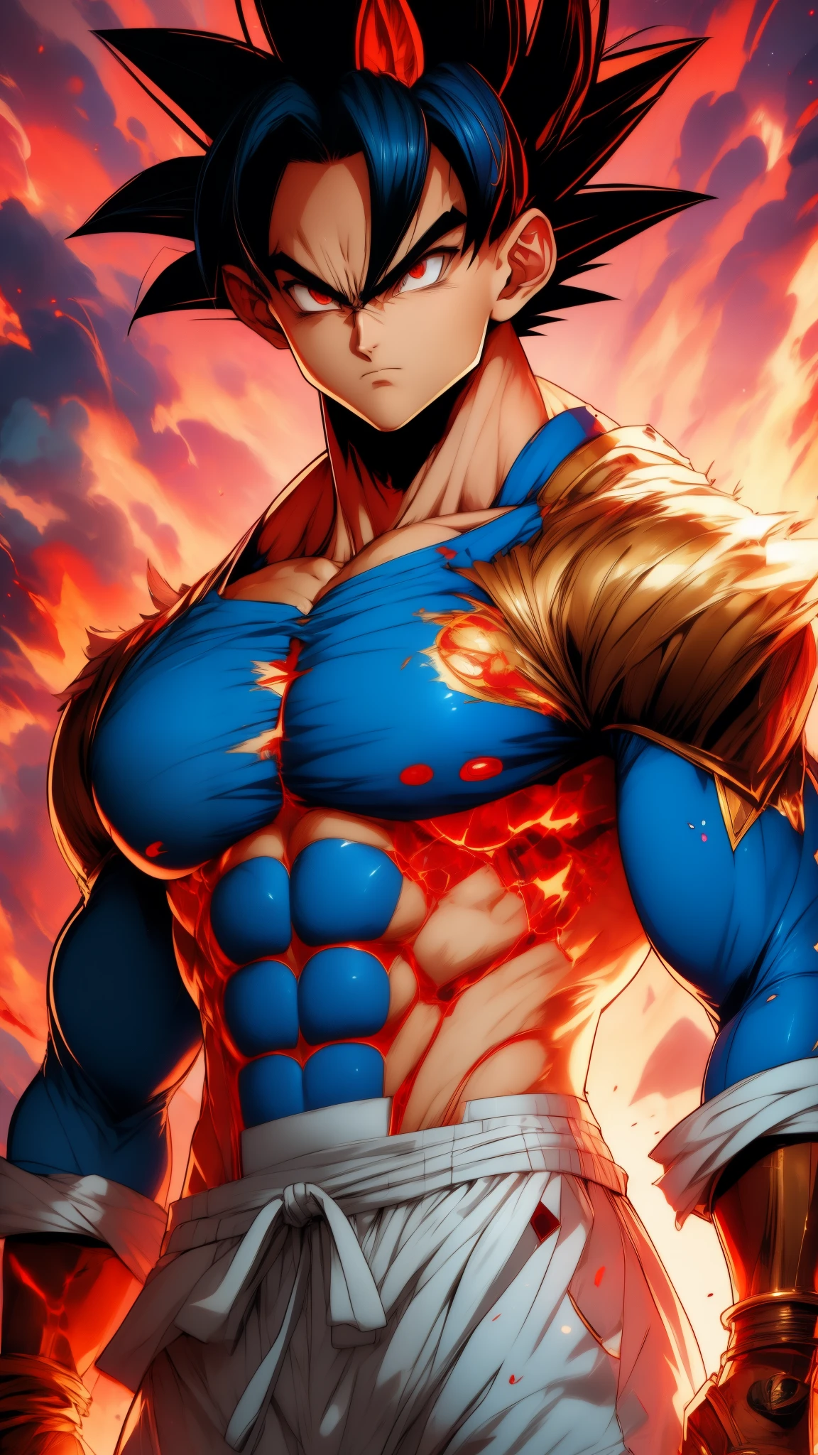 son Goku, longs cheveux blancs, seins nus avec une grande cicatrice de brûlure au milieu de la poitrine, portant un grand bracelet en bronze, pantalon foncé, ecchymose sur le corps, usure des oreilles