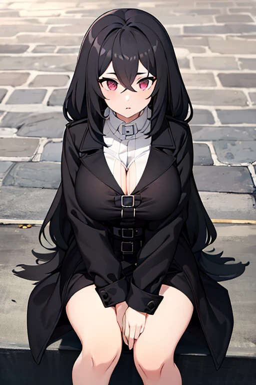 1 girl, black fur, with a black coat, white skin tone, with big round tits while sitting near the street.