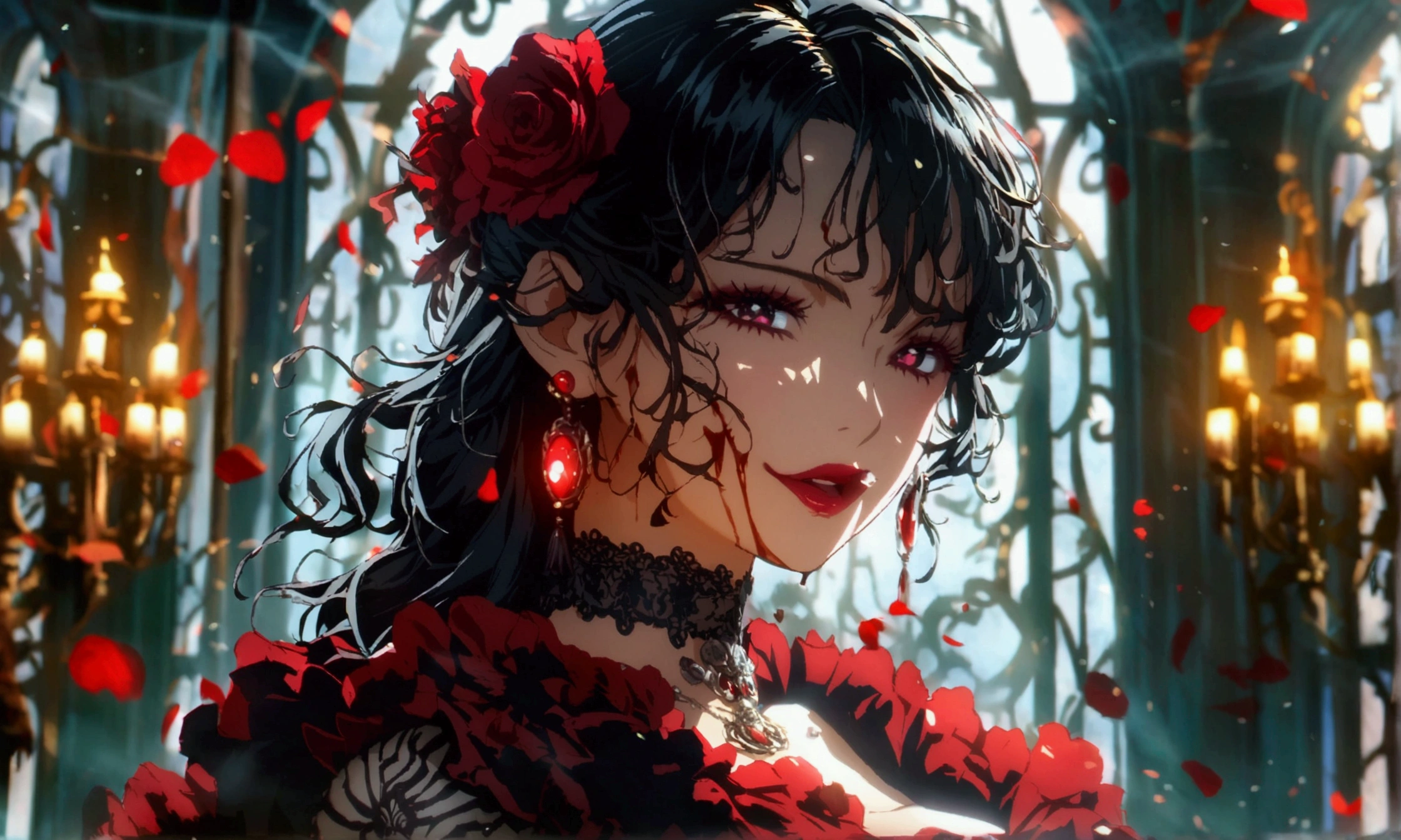 Vampire woman, black robe, red outfit, ambitious smile, red earring, necklace with blood drop symbol, dark mansion background, "Anime character design inspired by One Piece, full of dramatic and impressive lighting, focus on the centralized character, impressive face, full of creative details, ultra-fine 4K design, scenery bathed in creativity, boasting 2D anime resolution clarity, HD anime graphics, high-octane rendering"