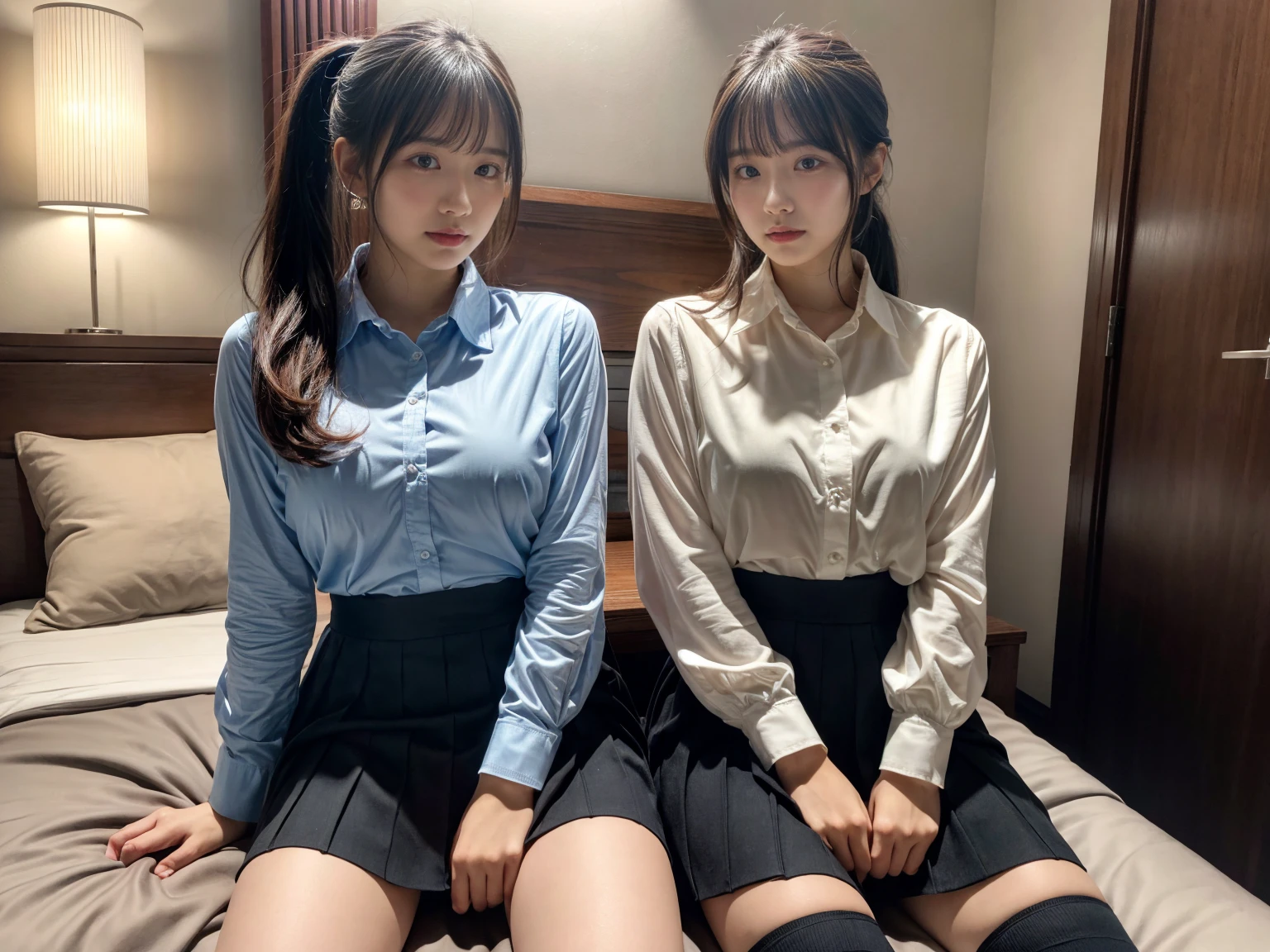 (8K, RAW Photos, Highest quality, masterpiece:1.2), (professional photography, full colors, studio-caliber color grading), (Gravure quality for high-end fashion magazines), (2 girls), BREAK,18 year old girl, (fluffy ponytail:1.2), Big Natural Color Lip, Plumpy body, (smooth skin:1.1), huge breasts, BREAK, (collared shirt:1.1), pleated skirt, knee high socks, BREAK, hotel room, cute , ta