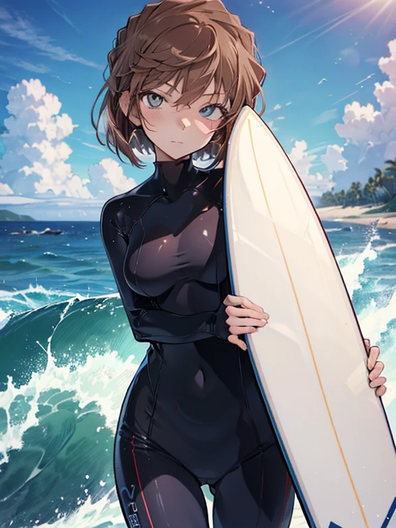 Surfing, cute, Beauty, Shortcuts, Haibara Ai, Brown Hair, (masterpiece), highest quality, 1girl, uhd, retina, masterpiece, ccurate, anatomically correct, textured skin, super detail, high details, high quality, best quality, highres, 4K