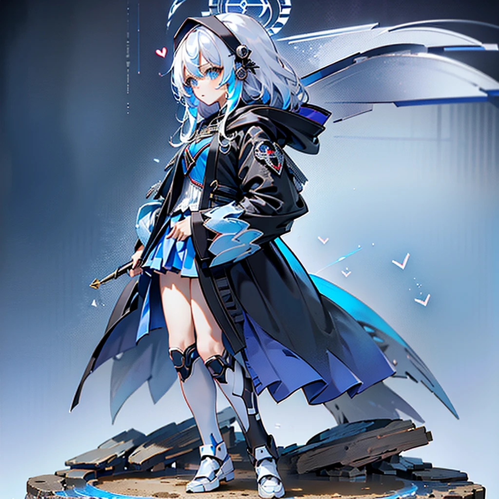 1girl,(((Highest quality、Masterpiece、Official Art、The best dynamic composition、Super detailed、Perfect Anatomy)))、Anime Style、White hair and light blue gradient long hair、Black hooded cloak、Mini Pleated Skirt、Baby Face、Holding a giant cute magic wand at an angle with both handagenta Heart Fractal Art、