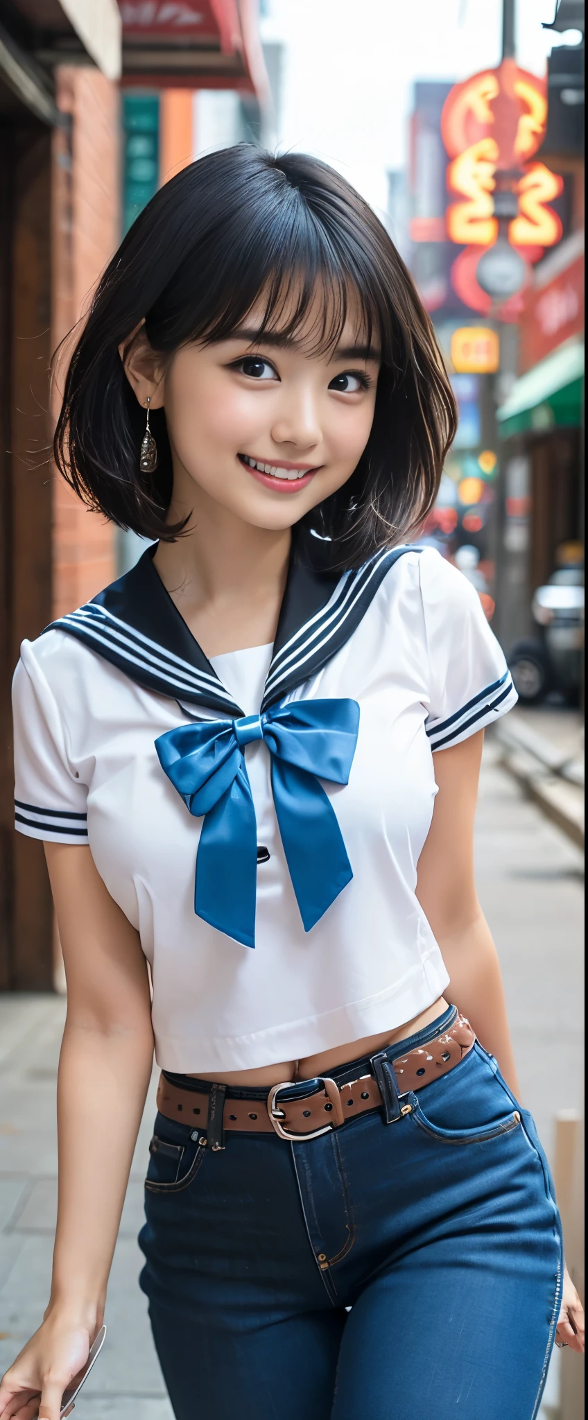 （8k、Raw photography、Highest quality、masterpiece：1.2),(Black Hair、Dark Eyes:1.9),(:1.6)、View your viewers,Front view,White skin,(Sailor Mercury、denim:1.4)、(Tight waist:1.6)、(Clothes that accentuate the shape of the breasts:1.0)、(Big Breasts :1.3)、Slim figure、Ultra-high resolution,beautiful,beautiful fece,(One person、No background:1.9),whole bodyボディー,Japanese women,（reality的：1.37）、Photon Mapping,reality、(Baby-faced and cute: 1.4)、(Cute Smile: 1.8)、(Round face: 1.8)、Radio City、Physically Based Rendering、Depth of field rally background、photograph, (I can see your knees、Thigh close-up:1.8),（:1.6）,whole body、Great quality