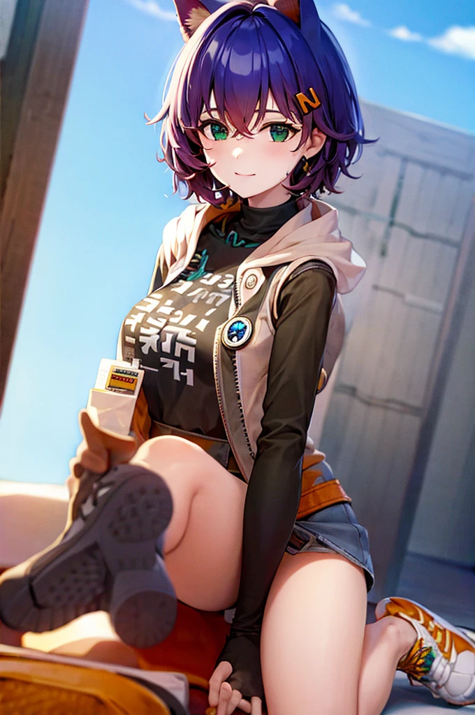 (masterpiece), best quality, expressive eyes, perfect face, smile, 1girl, big breasts , cat ears, sneakers, one sock, one black stocking, gray skirt, one fingerless glove, audio player on belt, unbuttoned jacket, green pendant, black T-shirt, orange hairpin, short blue hair, BelleZZZ, 1girl, solo