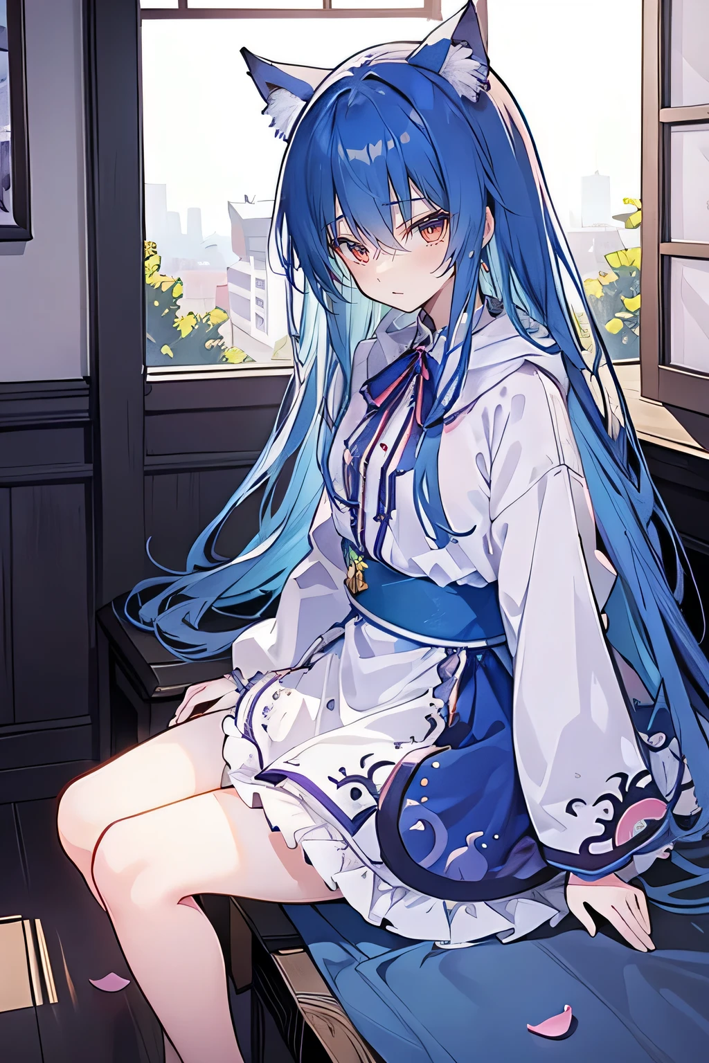 (masterpiece:1.2),Super detailed,lifelike,Expressive eyes,fair skin,perfect face shape,1 girl,
Japanese comics,Gorgeous blue hair,flowing blue hair,flowing clothes,Cat ears,Petals fall,beautiful lola,Baby Angel,
Cross your legs,Gentle and peaceful background,The pavilion is cool and comfortable,smile, wearing hoodie,Place your hands on your chest,Starry sky background,sitting on window sill drinking coffee and looking out the window