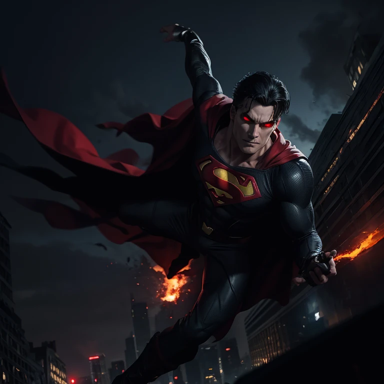 Evil Superman in black suit with red eyes, hovering above Gotham after he's burnt it