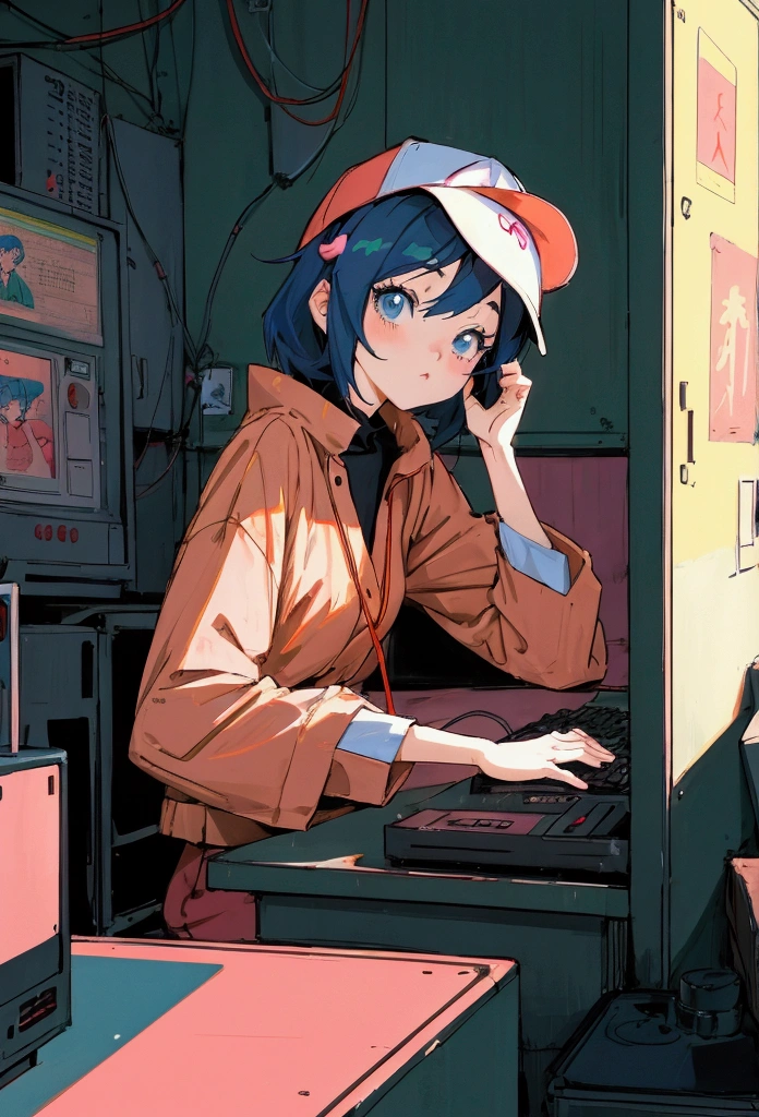 Anime girl wearing a hat sitting in front of a computer, LOFI Girl, Lofi Artstyle, 80年代のAnime atmosphere, LOFI Girl aesthetic, Retro Anime Girls, satoshi kon artstyle, Lofi Art, Ilya Kuvshinov. 4k yen, Lo-fi hip hop, Inspired by Liam Wong, Cool vibe, Anime atmosphere