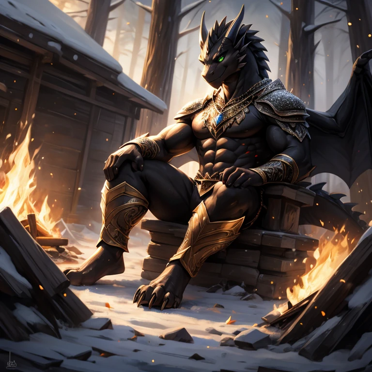Masterpiece, best quality, high quality, Male Black Dragon anthro, Solo, Alone, muscular, ((black body)), has Green eyes, wears a full armor, Mediovale, fancy, plein-air, out, Frost, Camp fire, in the Camp, stele, sitting down, foot claws, epic, Depth of field, perfect lighting, (light particles), (work of art), sharp focus, light particles