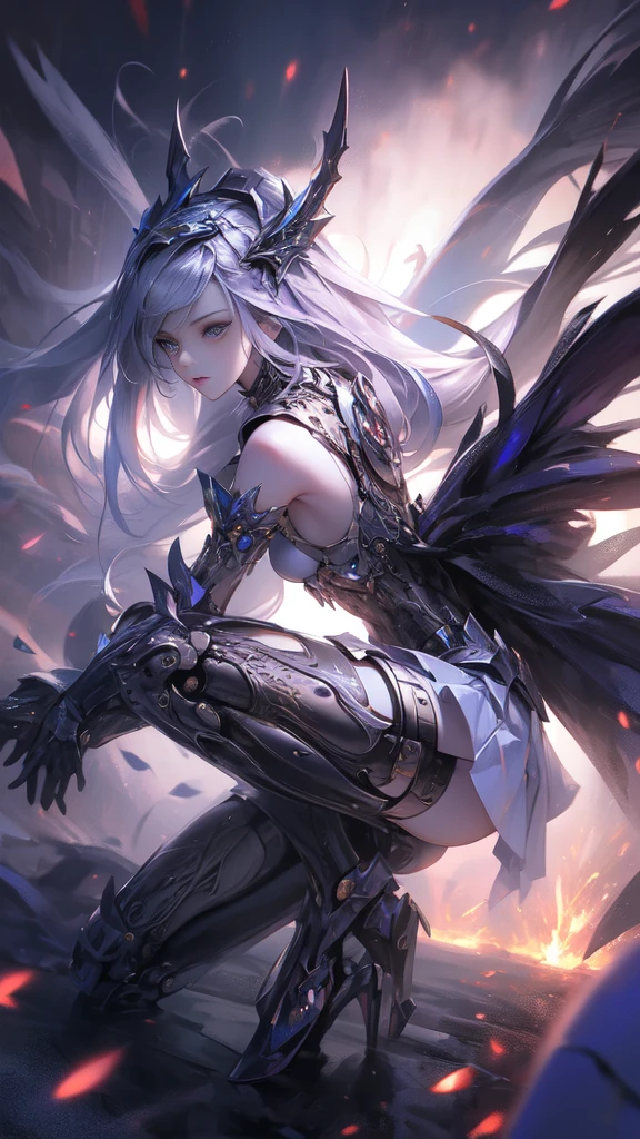 ((Highest quality)), ((Truly a masterpiece)), ((Ultra-detailed:1.4)), ((Ultra-Photorealistic 3D)), Android Magical Girl, Mechanical body, Dynamic action poses for battle scenes, Very complex and heavy fighter aircraft mechanical armament, Off-the-shoulder fashion that combines steampunk and gothic ta with attention to detail, Intricate steampunk headgear, Very thin、Over-the-knee reggae mechanical boots、Fluttering lace flare mini skirt、 Beautiful small breasts directed upwards、Swaying in the Wind、Long, curly silver hair,、Countless large, shining spheres fly around、Lots of sparks cross and fly、Countless neon lights pouring down from the magical pose、Complex and precise mechanical Night City、Very dark background、Very dramatic and cinematic lighting、Big wings on the back8Growing in Sheets。