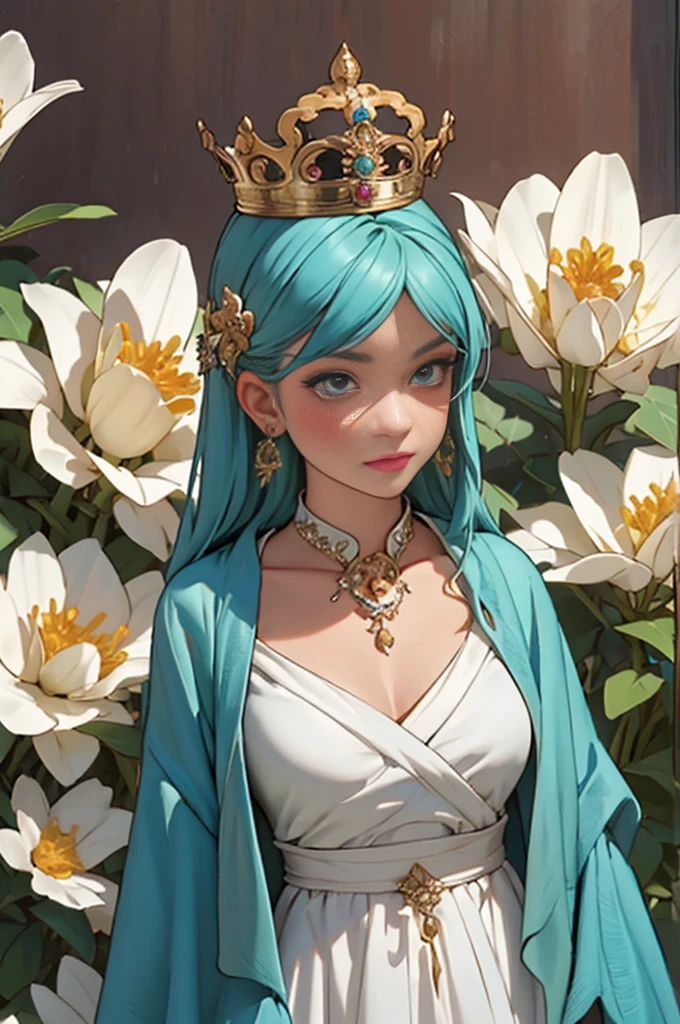 paint a decorative painting，little prince wearing crown，3 year old boy，Childish face，Bright and harmonious colors，（Decorative painting：1.6），dressed in：Exquisite and noble robe，Elaborate Eyes，delicated face，Large breasts, Large breasts，elaborate earrings，simple backgound，Lots of flowers around，flowers blooming，A sea of flowers，（tangled，datura，Tangles，entangled）， (s fractal art: 1.3)，simple backgound，Upper part of the body，