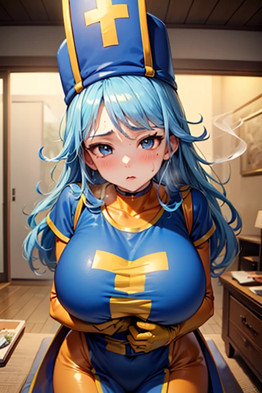 masterpiece, Highest quality,  Unreal Engine,  Super Resolution,  Very detailed, 

Beautiful woman, Dragon Quest Female Monk, long sky blue hair, Blue priest hat, (Orange bodysuit), Mitra, Tabard, Elbow-length gloves, Vivid expression, Healthy Body, Beautifully detailed sweat glands, Smooth skin texture, Carefully drawn, 

(humidity:1.5), (Lewd Scent:1.5), Beautiful Eyes, (Attractive face:1.2), (Beautiful Skin), Tight waist, (Big Breasts), Round Breasts, (Sticky with sweat), Irresistibly sexy pose, 

In the world of Dragon Quest, ((In a room filled with the smoke of aphrodisiac incense)), 