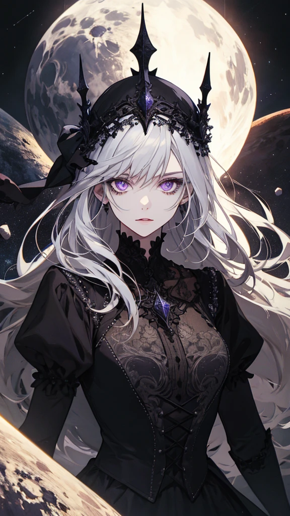 (extremely delicate and beautiful: 1.2), 8K, (шедевр: 1.0), (best_quality: 1.0), 1girl and intricate details, Enlarged textures and intricate details, full body, fine eyes and detailed face and intricate details, black medieval clothing, a black dress, ruinscape background, (mouths closed), long white hair, perfect eyes, violet eyes, equal eyes, (a female goddess) floating purple cubes, space powers, gravity power