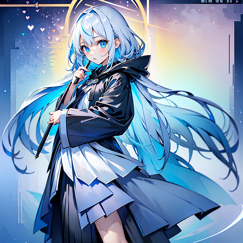 1girl,(((Highest quality、Masterpiece、Official Art、The best dynamic composition、Super detailed、Perfect Anatomy)))、Anime Style、White hair and light blue gradient long hair、Black hooded cloak、Mini Pleated Skirt、Baby Face、Holding a giant cute magic wand at an angle with both handagenta Heart Fractal Art、