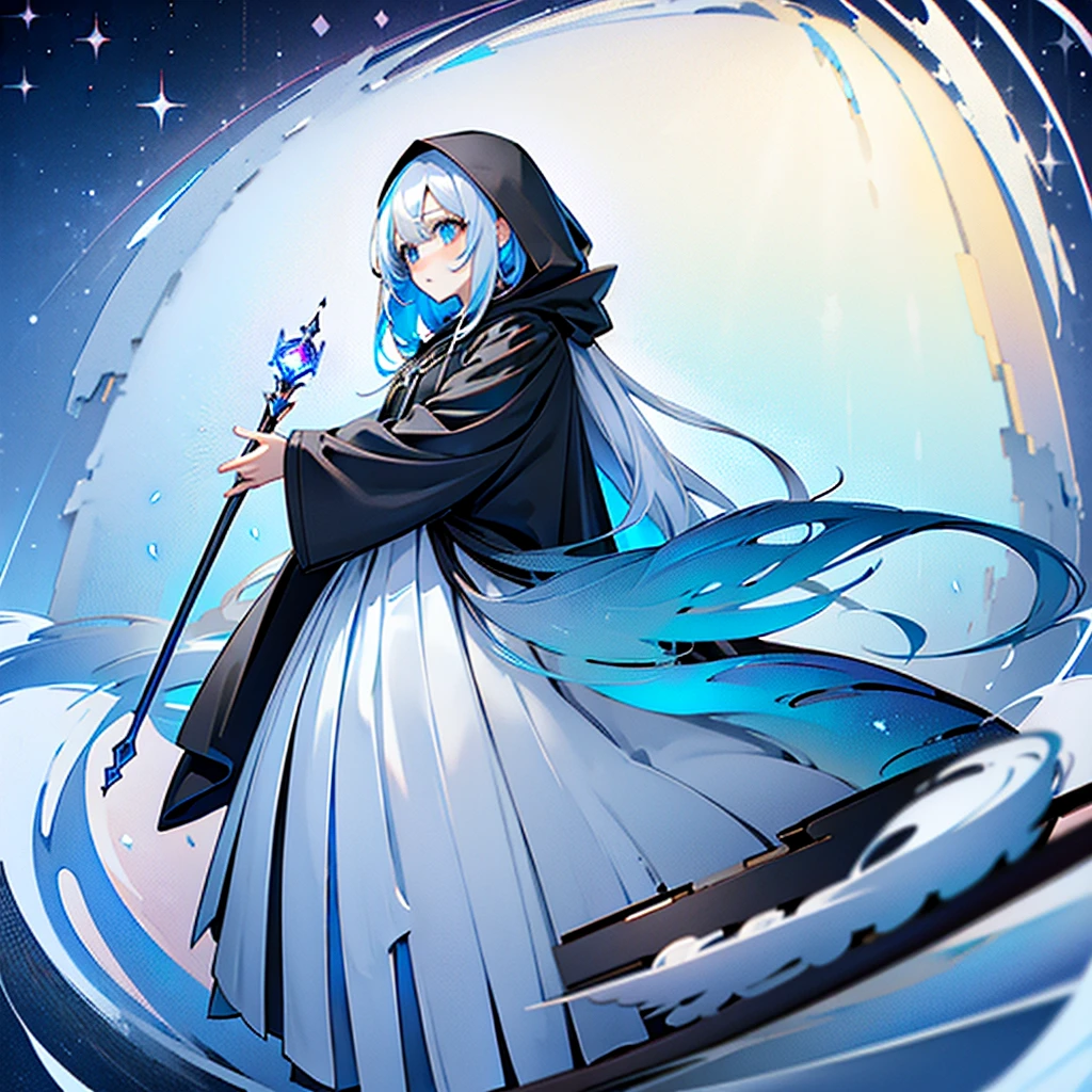 1girl,(((Highest quality、Masterpiece、Official Art、The best dynamic composition、Super detailed、Perfect Anatomy)))、Anime Style、White hair and light blue gradient long hair、Black hooded cloak、Mini Pleated Skirt、Baby Face、Holding a giant cute magic wand at an angle with both handagenta Heart Fractal Art、