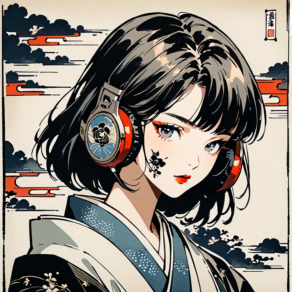 Ink Painting, (((1 girl))), (((Tattoo on face))), sunglasses, Japanese style headphones, beautiful girl, Black Hair, Delicate and precise, Modern ukiyo-e style, dark