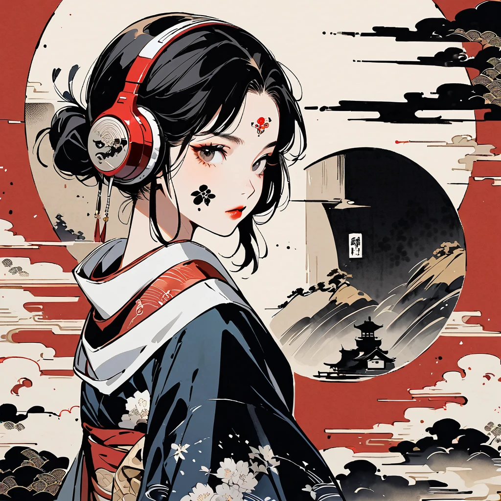 Ink Painting, (((1 girl))), (((Tattoo on face))), sunglasses, Japanese style headphones, beautiful girl, Black Hair, Delicate and precise, Modern ukiyo-e style, dark