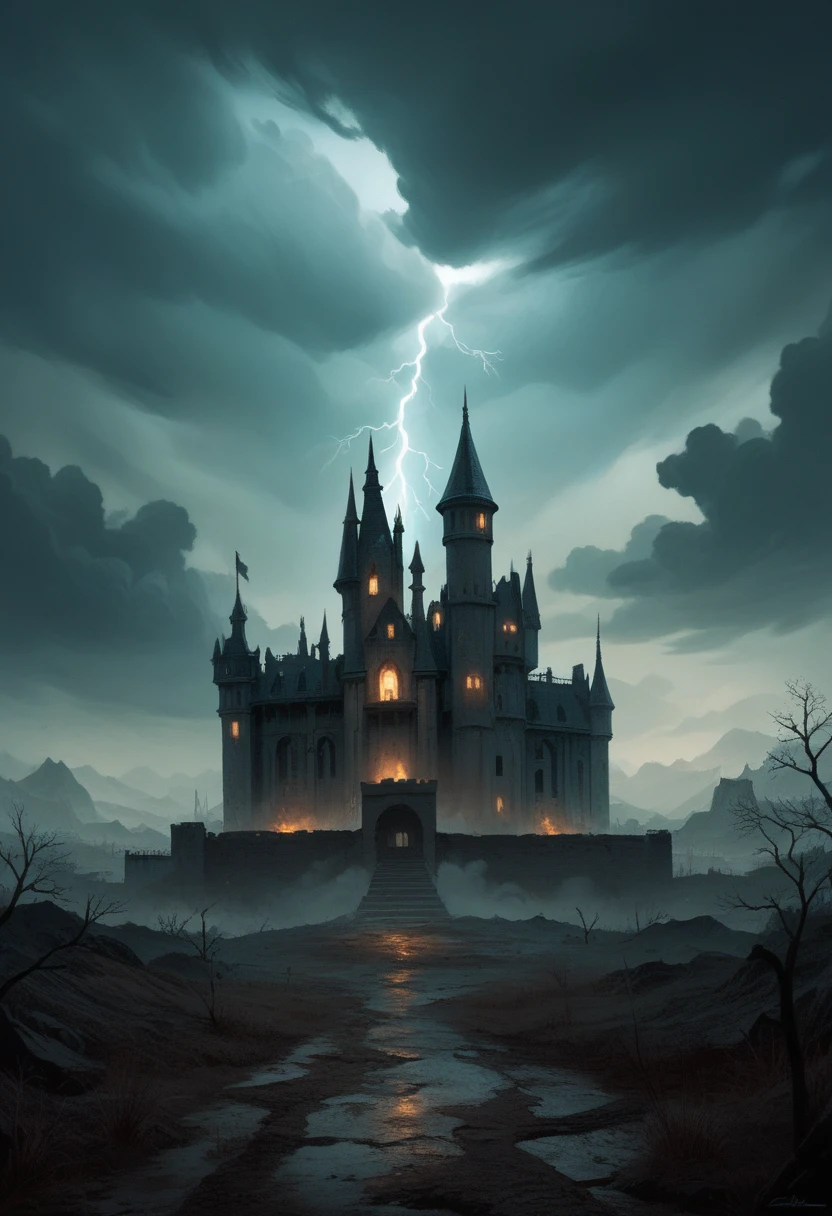 Create a highly detailed and epic scene, stormy sky with flashes of lightning illuminating thick, roiling clouds, casting an eerie, apocalyptic glow in the foreground, a castle