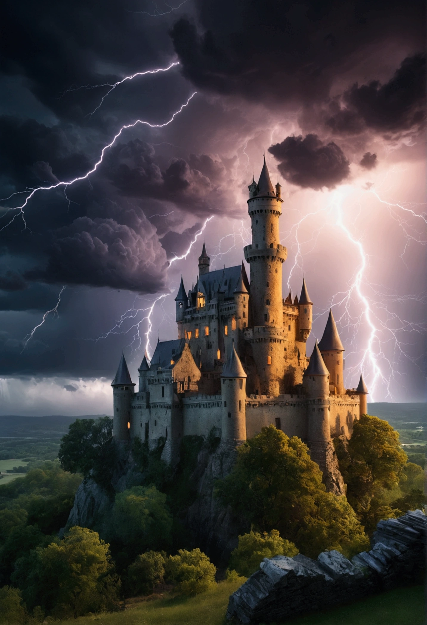 Create a highly detailed and epic scene, stormy sky with flashes of lightning illuminating thick, roiling clouds, casting an eerie, apocalyptic glow in the foreground, a castle