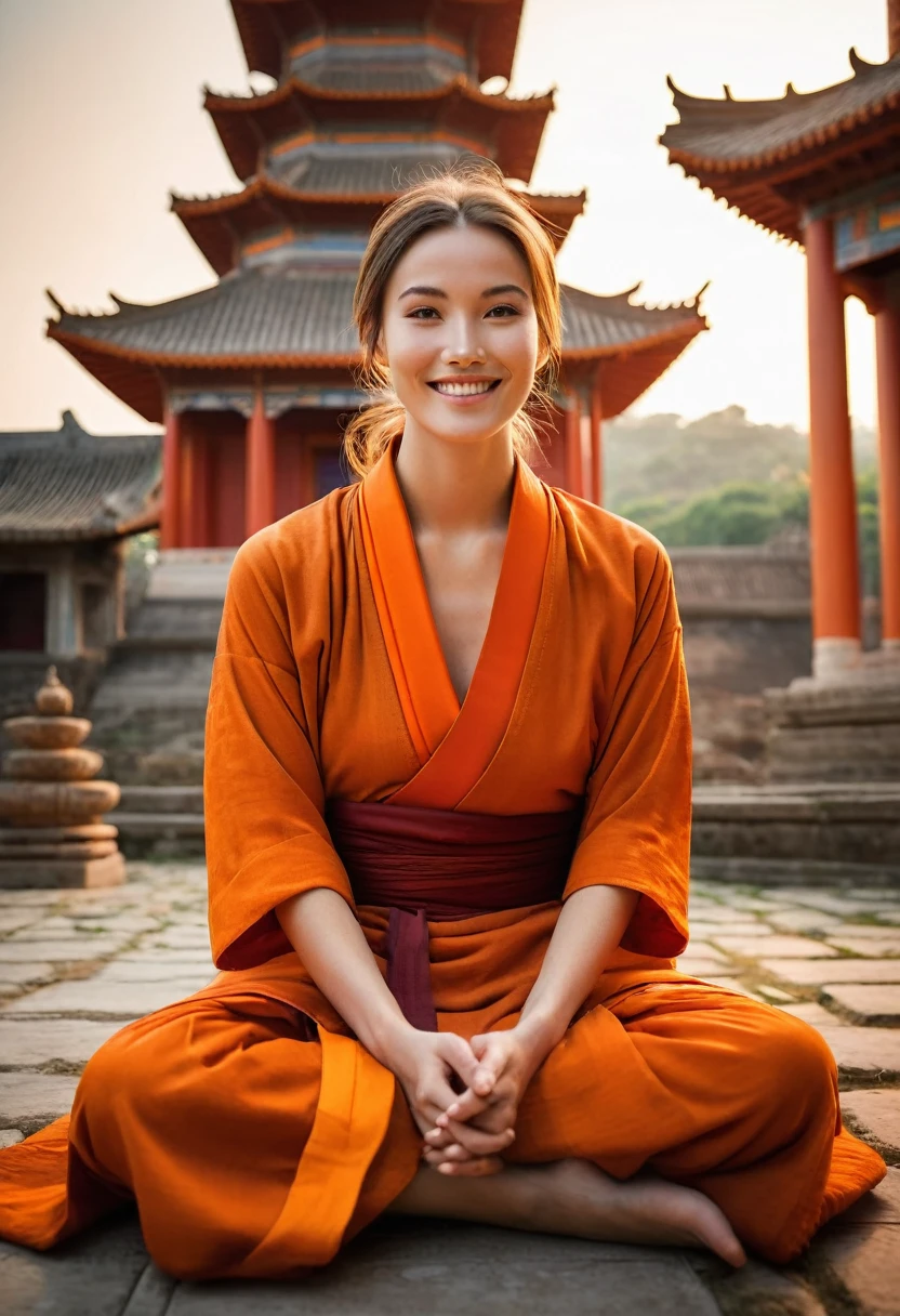 An ultra hot gorgeous European woman.age 23, dressed in orange monk sitting cross-legged on the ground smiling happily at you, hands clasped together, against an ancient temple background with soft lighting. ((She’s levitating above the ground)) The style is realistic photography with high definition details in the style of Chinese artists.