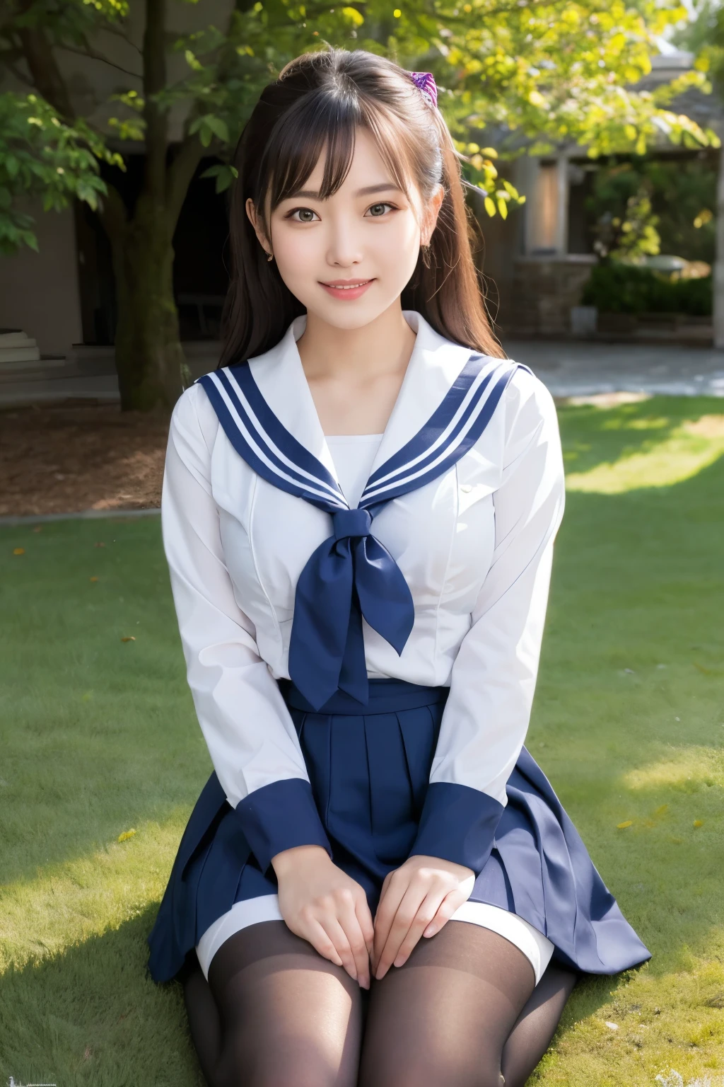 Super realistic in summer uniform, 17-year-old girl、Seraphim、seifuku, Colored Sailor Uniform, Japan , A seductive smile、Japanese ido、Skirt and thighs、Sitting on the lawn、Sitting, (Wearing pantyhose、Ultra-realistic pantyhose)、RAW Photos, (In 8K、Highest quality、masterpiece:1.2)、(Intricate details:1.4)、(Photorealistic:1.4)、Octane Rendering、Complex 3D rendering with ultra-detail, Studio Soft Light, Rim Light, Vivid details, Super Detail, Realistic skin texture, Highly detailed CG Unity 16k wallpaper, compensate, (Detailed Background:1.2),　Glowing Skin、looked back、Exposed thighs!!!、
