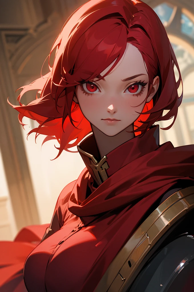A girl with red hair and red eyes wearing a female armor with a red cape with a castle hallway background as a close up face pic of her 