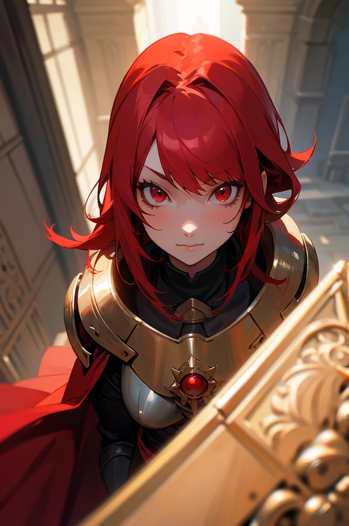 A girl with red hair and red eyes wearing a female armor with a red cape with a castle hallway background as a close up face pic of her 