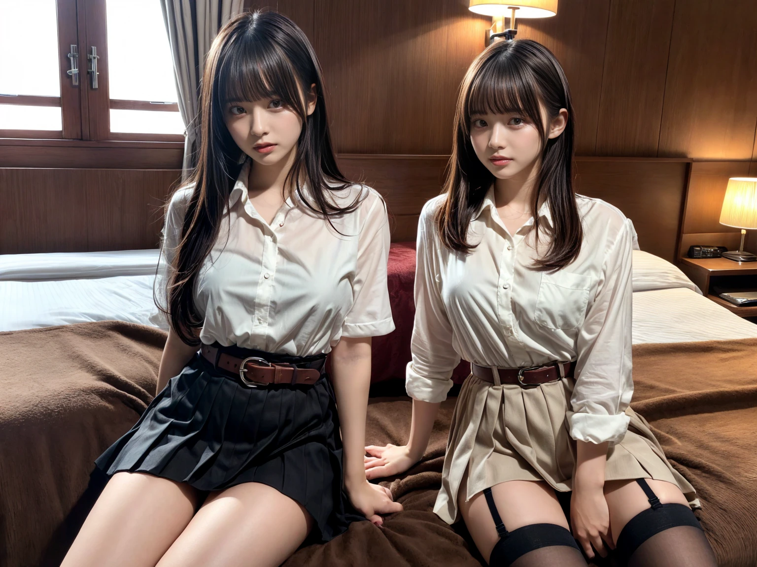 masterpiece, best quality, illustration, Super detailed, fine details, High resolution, 8K,wall paper, perfect dynamic composition,(Details High quality, realistic depiction of eyes:1.3), (2 girls), holster, bobby, Cutter shirt, a belt, suspenders, pleated skirt, garterbelts, knee high Stockings, sitting, open legs, short bob hair, in a hotel room in the background, deep on field, large breasts, black hair color, Big Natural Color Lip, (perfect body shape), crying a little、Harajuku style、20 year old girl、cute type、beautiful legs, Gravure Idol