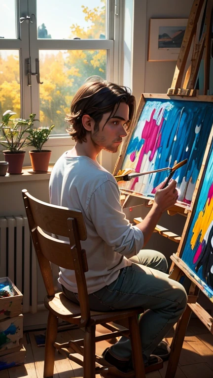 The Artist Painting
**Description:** Lucas in his studio, surrounded by canvases and brushes. He is concentrated, painting a portrait of Sofia who is posing for him. Sunlight streams in through the window, illuminating the vibrant colors of the painting. Lucas's expression is one of passion and dedication, while Sofia smiles, admiring your work.
