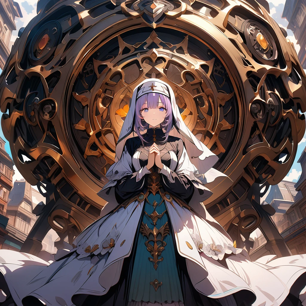 Nuns praying in a group in front of a giant mechanical egg, detailed background, detailed depiction, 4K, UHD, absurd, ultra-high quality, masterpiece,