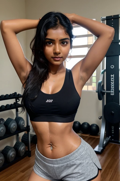 Cute kannada girl, beautiful face,fair skin,in a home gym, Sleevless,sweaty armpits,navel piercing,sweat dripping,black bra and shorts,