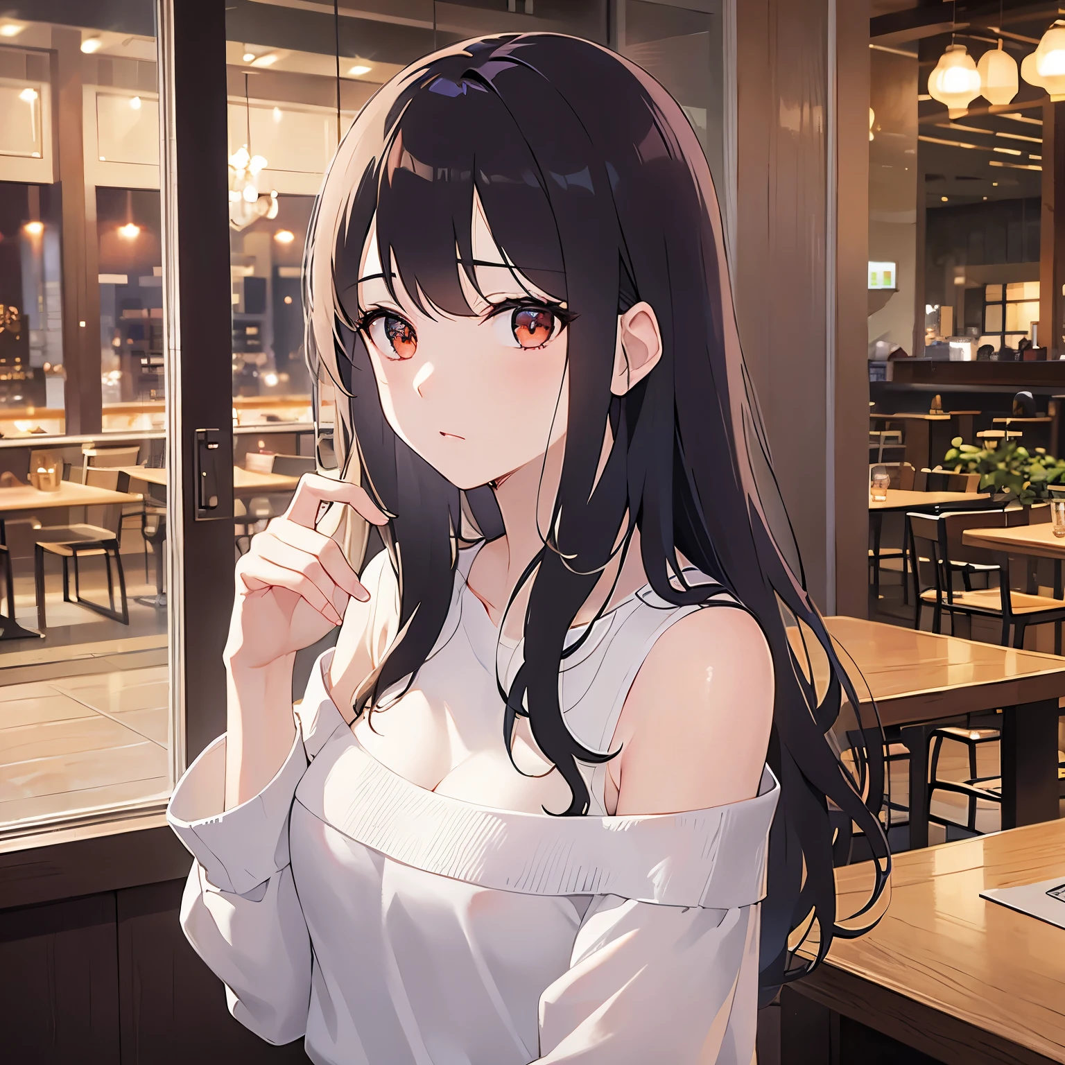 Upper Body, (pale skin: 1.2), shiny skin, shiny hair、(A 25-year-old woman with medium-length hair and bangs) and (wavy hair) and (brown hair) and (orange eyes) , (white) and (off shoulder blouse) 、(sad:1.5), The background is the interior of a restaurant at night.、Alone、Are standing