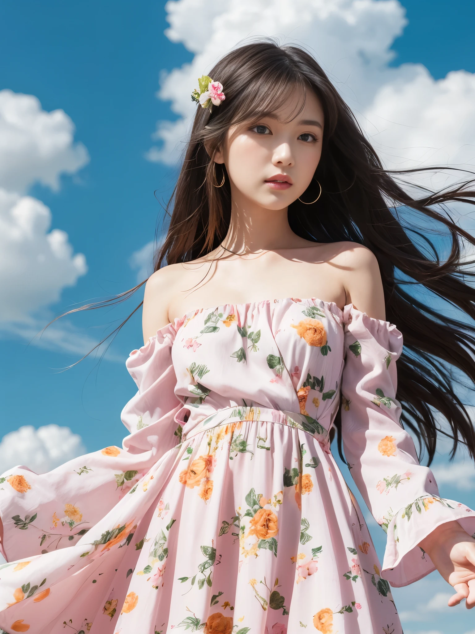 feature is、A young woman with big blue eyes and long flowing hair that changes color from blue to pink.。she、Standing against a bright, clear blue sky with a few white clouds。women are、A white, loose long-sleeved top is draped over the shoulders.、She is wearing a colorful and vibrant strapless dress.。Pink for the dress、yellow、Various green floral patterns are drawn、It features gradations such as blue and orange.。Her expression is soft、Looks like you're a little curious。Hold the edge of the dress with one hand、Pull a little to the side、The other hand is lightly placed on her hip。Red all around、yellow、Large orange colorful petals scattered、It gives the scene a bright and lively atmosphere.。
