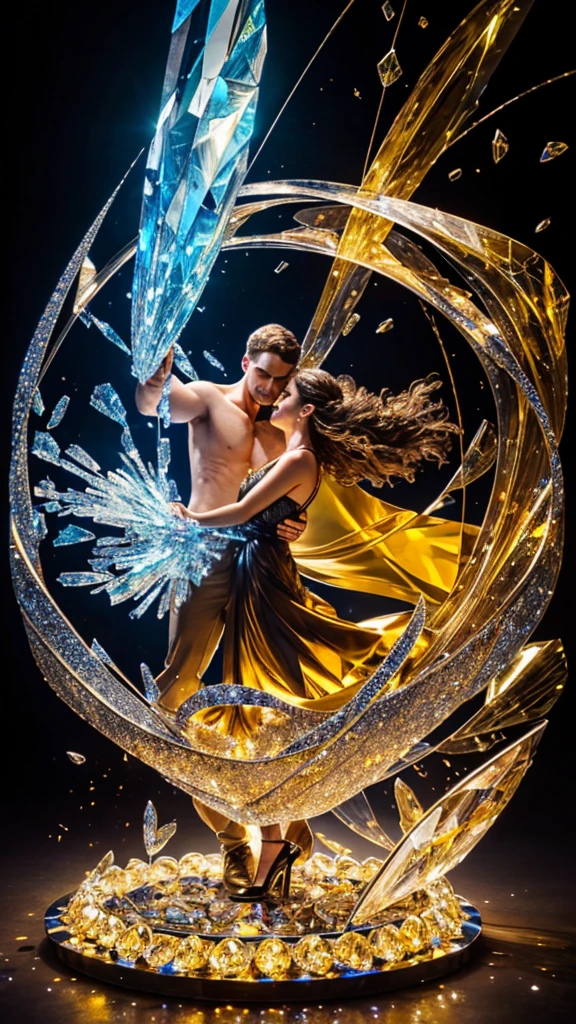 A beautiful woman and her man stand for the unity on Earth. The unity is crafted from yellow topaz glass, and it shatters dramatically. The shot should be a full body zoom with dynamic motion effects, emphasizing the shattering sculpture. Vibrant and colorful crystal particles should be depicted floating in the air, radiating from the sculpture as it breaks into numerous tiny pieces. The scene should be well-lit with studio lights, maintaining ultra-sharp focus and a high-speed shot aesthetic. The artwork is inspired by Mschiffer, featuring soft colors, bokeh, and a crystalline fire with translucent glowing crystals.
