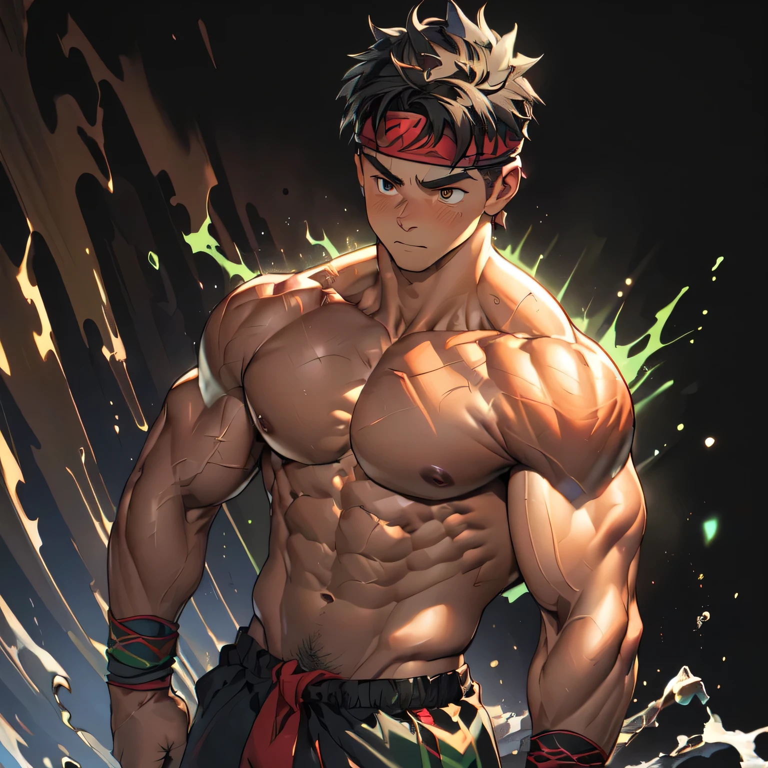 ((masterpiece, best quality)), (((((black background, deep night, bust shot, looking away, random pose, fight, combats))))), (19 year old boy, worm eyes, Young boy, muscler, Shirtless, topless), ((((1boy, flesh, tough, reliable, developed body, blue and green aura effect, holding aura energy)))), (Dark Short straight hair, ((almost completely shaved hair)), under cut, brown eyes), (((red headband, black wristband))), Vivid colors, ((hot Abs:1.2, abs!, big abs, big breast:1.2, chest!, muscler upper arms)), muscler!, muscler body, detailed face, detailed muscle, (((rippling muscles, Flowing energy, giving off an aura of holy power)))