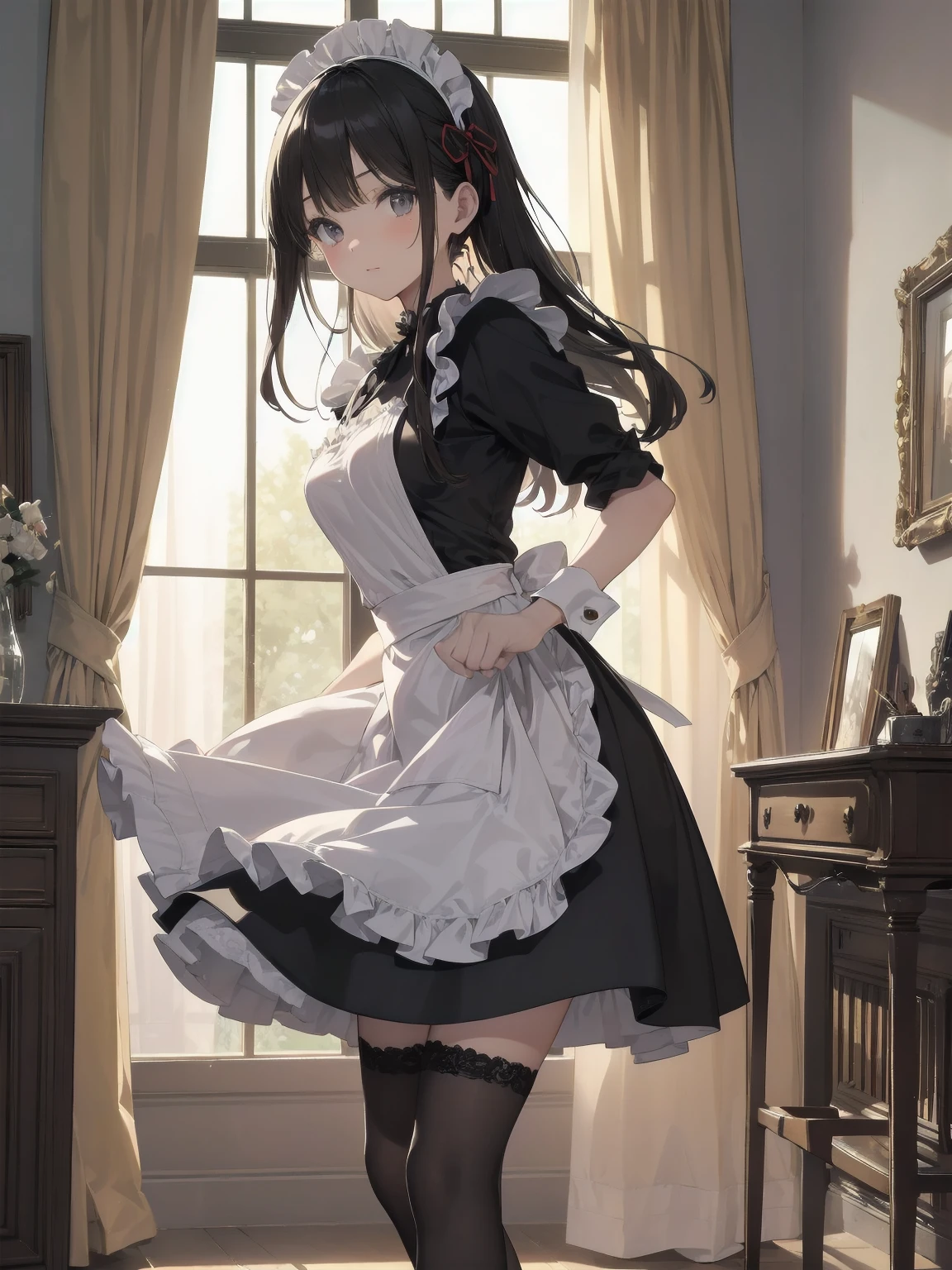 masterpiece, best quality, ultra detailed,super fine illustration, highly detailed beautiful face and eyes, 1girl, (cute), (kawaii), small breasts, (traditional maid collared shirt:1.3), mini skirt, (navy high socks), ponytail hair, standing, noshoes, (from below:1.3),