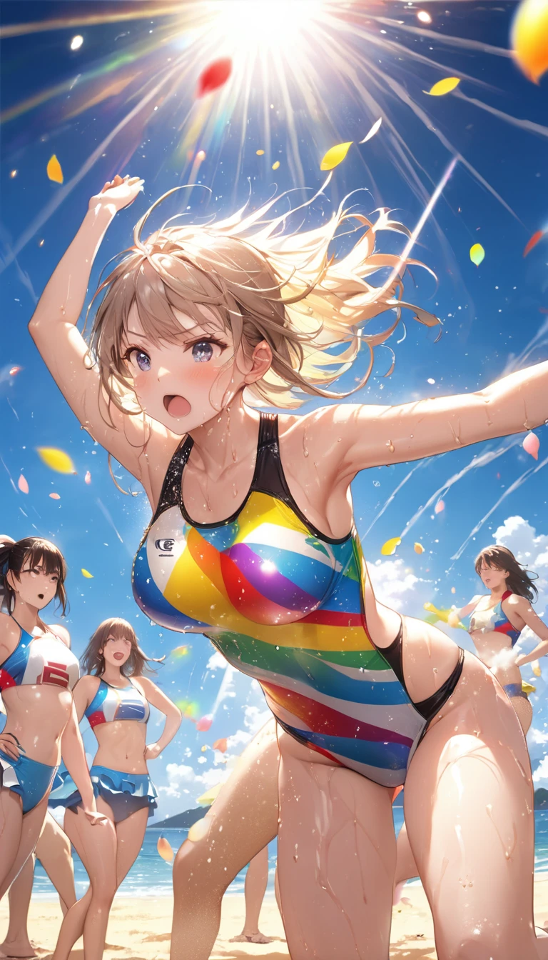 (Sports magazine cover photo), Highest quality, Great quality, 16K, Unbelievably absurd, Very detailed, delicate and dynamic, Natural light, The particles reflect light, Diffuse reflection of light, Many rainbow-colored petals fall, Beautiful sandy beach, Sparkling Sun, Diffuse reflection of light, Create amazing image effects, , Wet, sweating, Beach Volleyball, receive, Close-up(Cute sexy girl, big bouncing busts, Sensual expression, Cool girl, Serious, passion, Dynamic, Flashy swimsuit, ,audience , much-air-laden cheer)