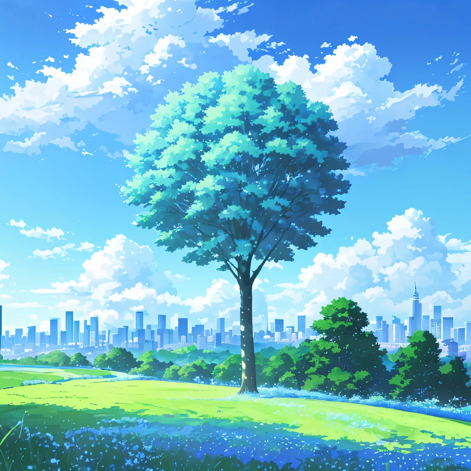 Blue sky、White cloud、Green tree、Meadow、A faint view of the cityscape
