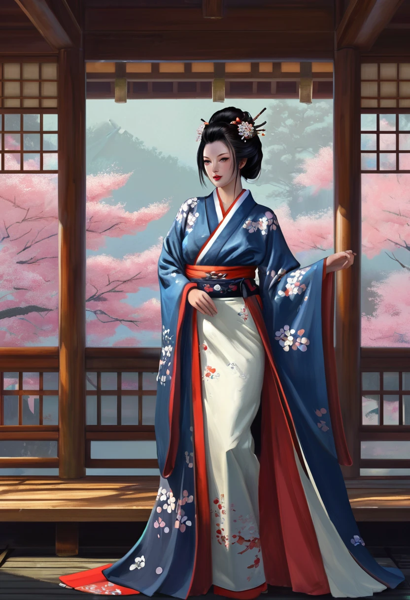 Необходимо создать concept-арт гейши для MMORPG, centered on a Japanese setting. A geisha should inspire grace, sophistication and mystery, typical of Japanese culture. Picture her in a traditional kimono with details, reflecting her status and professionalism. It is important to convey her grace and expressiveness through her pose and facial expression.. digital painting, full length, concept, full length пероснаж